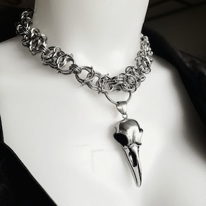 Raven Skull Handmade Chunky Chainmail Viking Goth Punk Choker Necklace –Great Norse necklace grunge jewelry or alt goth jewelry gift for her
