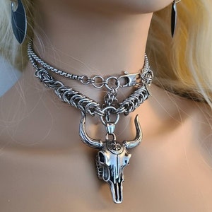 Baphomet Goat or Longhorn Skull on Handmade Chainmail Necklace - stunning Norse goth necklace gift for her in a goth punk jewelry style