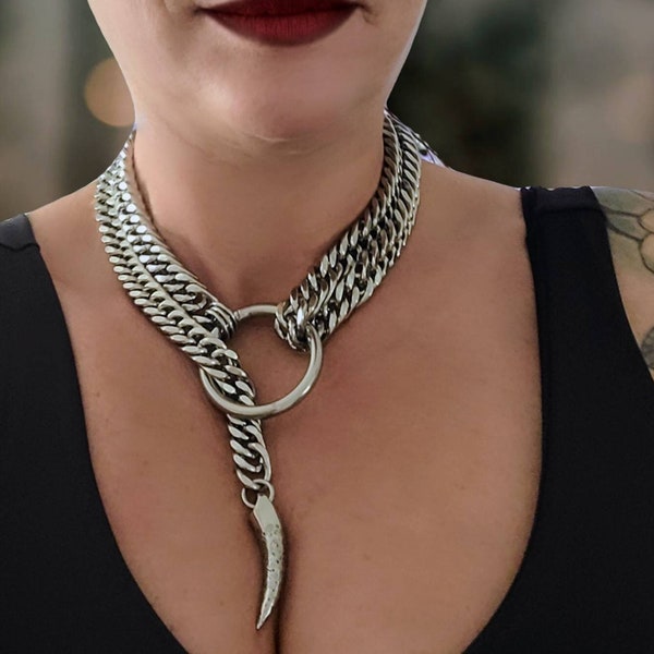 Collier ras de cou en acier inoxydable avec chaîne et chaîne | Collier d'esclave élégant, cadeau d'auto-bondage esthétique gothique pour elle