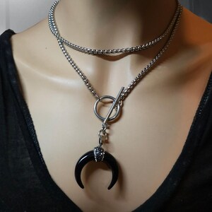 Stainless Steel Multi Strand Choker Necklace: Goth Horn Moon Pendant Witchy Jewelry