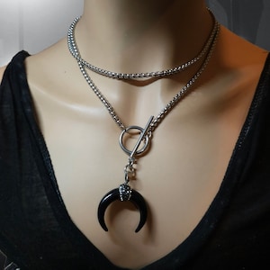 Gothic Pagan Horn Moon Multi Strand Wrap Choker  Toggle Clasp necklace - Goth Edgy Jewelry, Witchy Pagan Chunky Jewelry