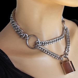 Colar de gargantilha estética estilo Martingale com cadeado | Colar de joias submissas com cadeado Goth Punk