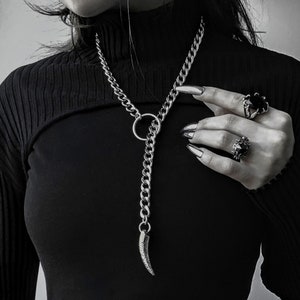 Steel Goth Slip Chain Dark Academia Style Lariat Leash Slave Collar Choker Necklace - Tusk Pendant, Chunky Grunge Necklace Gift for Her