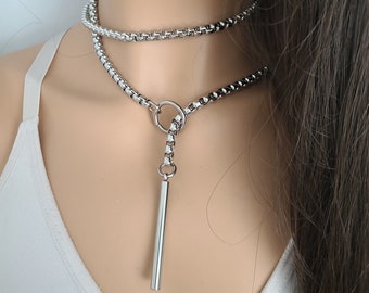 Steel Bar Lariat Layered Slip Chain Choker Collar Necklace | Handmade Multi Layer Wrap Gothic Chunky Chain