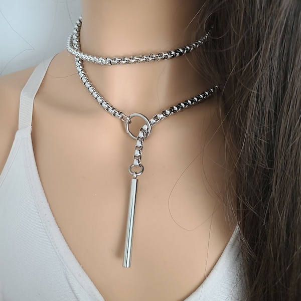 Steel Bar Lariat Layered Slip Chain Choker Collar Necklace | Handmade Multi Layer Wrap Gothic Chunky Chain