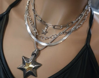 Layered Multi Strand Chunky Chain Necklace Set non tarnish waterproof hypoallergenic Handmade Jewelry gift for her, celestial stars jewelry