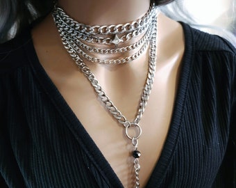 Silver Layered Gothic Punk Choker Collar Multi Strand Chunky Chain Necklace Set | non tarnish, Handmade aesthetic Jewelry gift for her