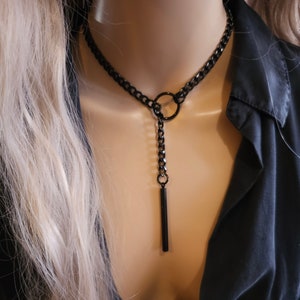 Black Steel Lariat Choker Wrap Necklace Set & Bar pendant Dark Academia Aesthetic statement handmade jewelry gift for her, Punk and Gothic image 2