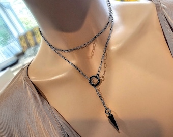 Spike Pendant Slip Chain Lariat Dainty Choker Wrap Necklace with Spike pendant | Dark Academia Aesthetic handmade jewelry, Punk and Gothic