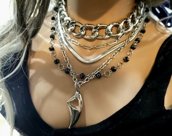 Chunky Chain Goth Choker Layered Necklace Set | A great alt punk style statement necklace gift for her with wolf tooth & multiple chains