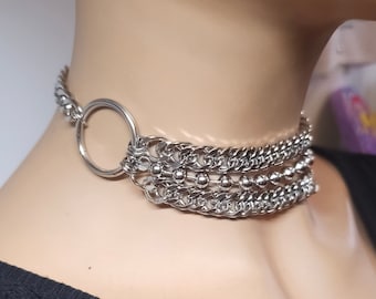 Zilveren gotische gelaagde stalen ketting punk kraag choker ketting | Een handgemaakt esthetisch statement ketting met meerdere strengen als cadeau voor haar