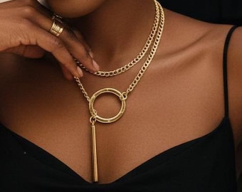 Gold Plated Steel Lariat Bar Pendant Adjustable Layered Necklace