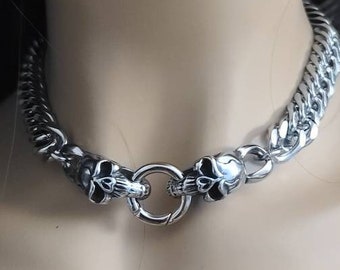 Skull Clasp Chunky Chain Chainmail Necklace | Norse goth necklace gift for him in goth punk grunge jewelry style heavy metal hip hop jewelry