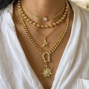 Gold Layered Multi Strand Chunky Chain Sun Star Pendant Necklace Set - Handmade Oversized Stacked Maximalist statement jewelry gift for her