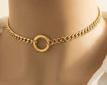Gold Day Collar Choker Necklace, Submissive Bond Jewelry With Permanent Locking Clasp Option