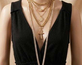 Egyptian Layered Necklace Set -- Falcon of Horus CZ Pendant and Gold Festoon Stack - 18K Gold Plated Ankh Sun Necklace - Maximalist Jewelry