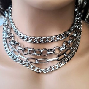 3pcs/set Layered Chunky Choker Necklaces Lock Pendant Chain Necklace Men  Asymmet