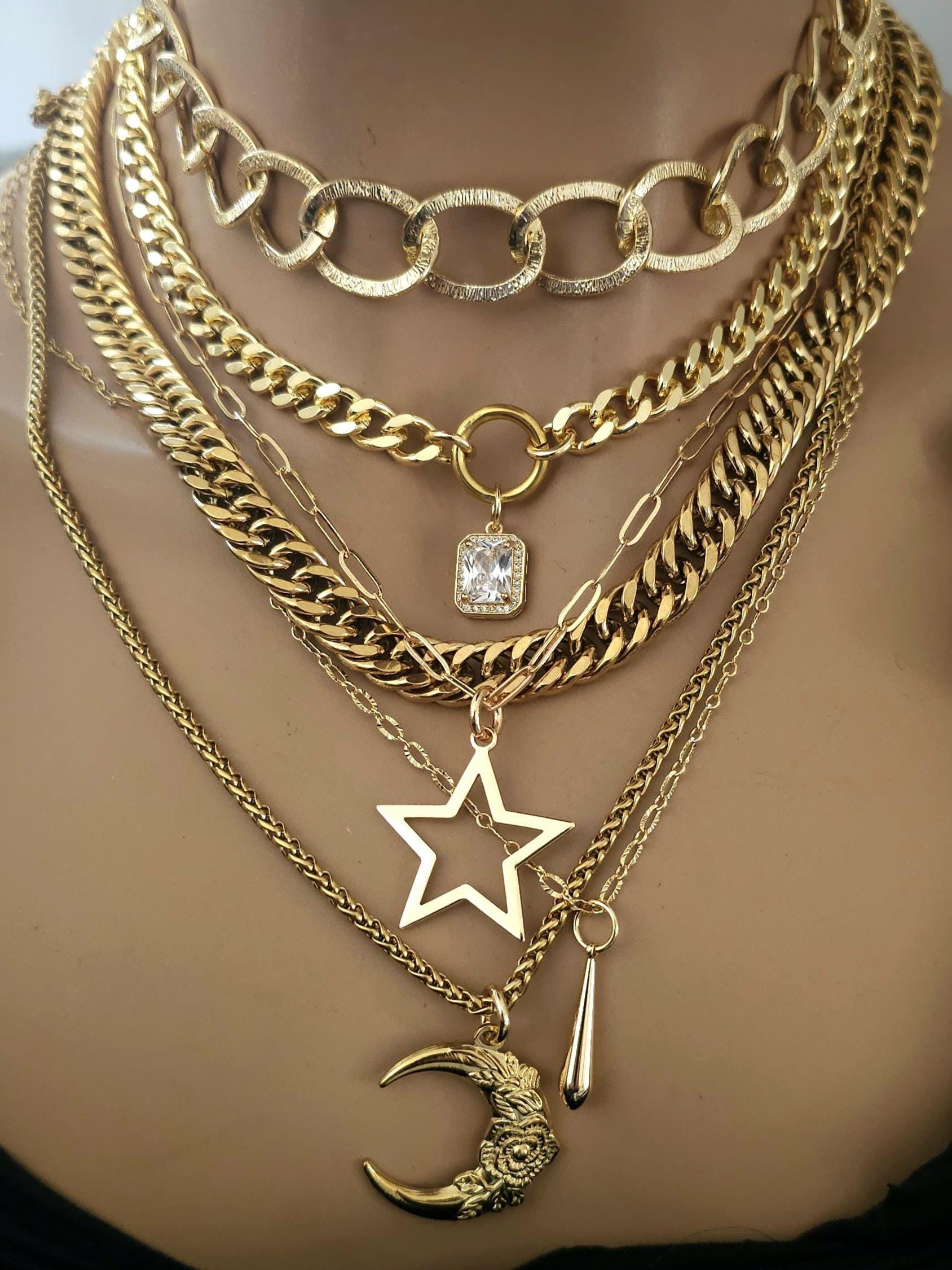 Gold Layered Bold Maximalist Necklace Set Moon & Star Pendants