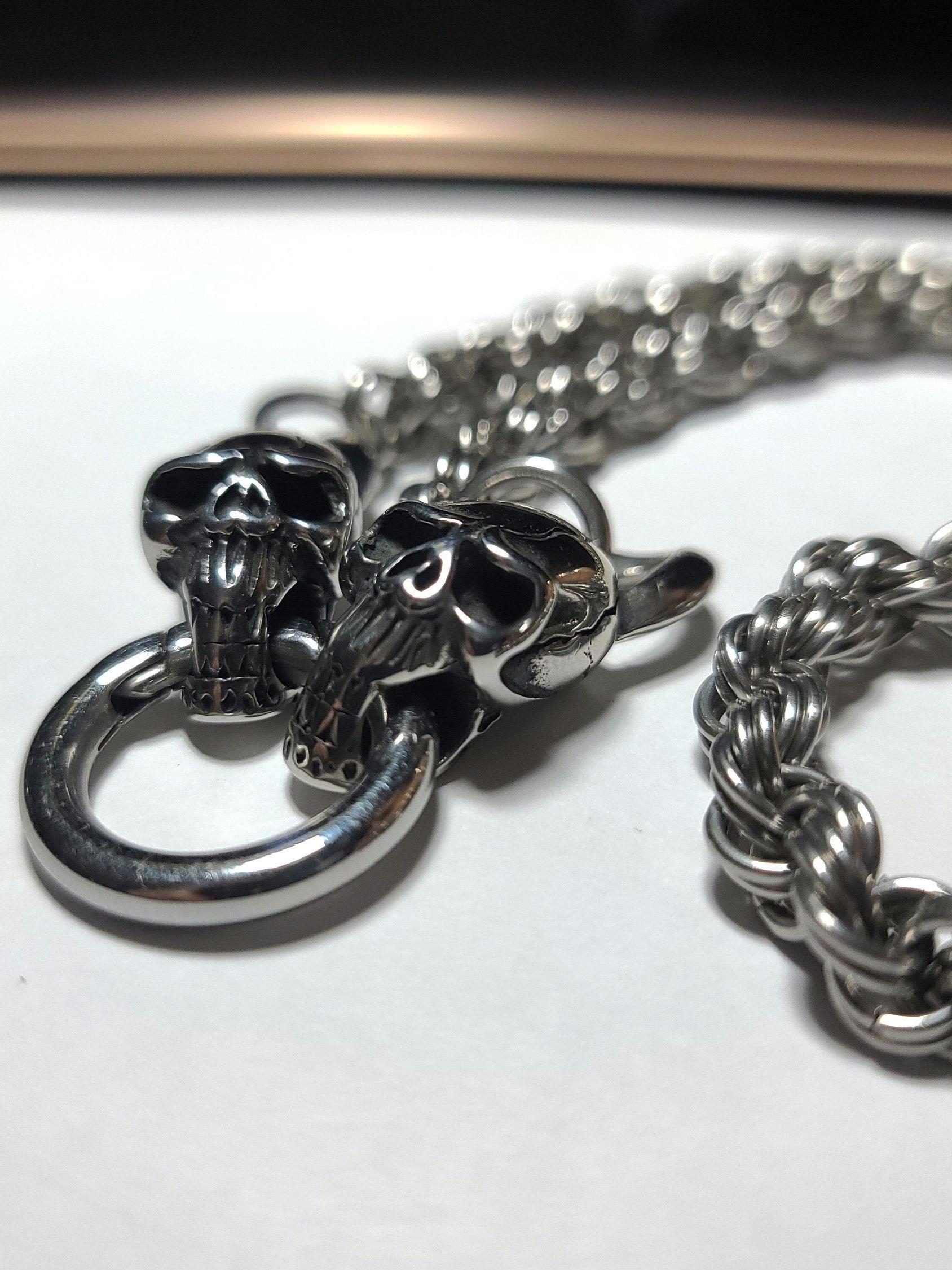 thumbnail image 2 of Skull Head Bead Metal Chain Choker – Punk Goth Rockabilly Necklace – Silver Steel 2 of 6