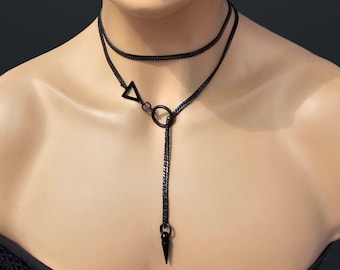 Geometric Triangle Slip Chain Lariat Choker Wrap Necklace Spike pendant | Dark Academia Aesthetic statement handmade jewelry Punk & Gothic