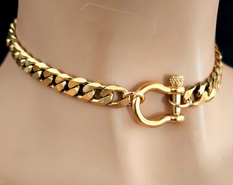 Gold Shackle Lock Day Collar Choker Necklace: Chunky Curb Chain Locking Intimate Jewelry