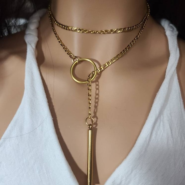 Gold Filled Lariat Necklace Set with Gold Bar pendant | great alt punk style y2k statement necklace gift for her or indie necklace