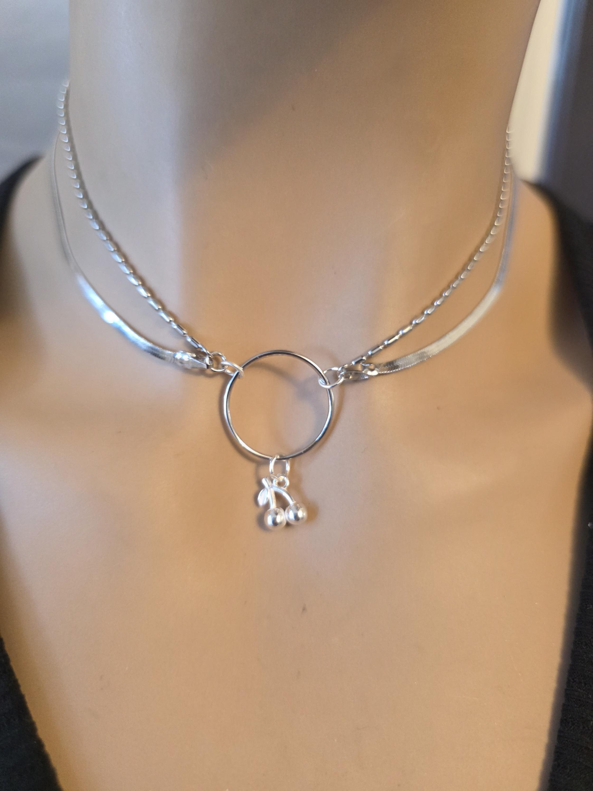 Rhodium Plated Sterling Silver Day Collar Necklace With Cherries