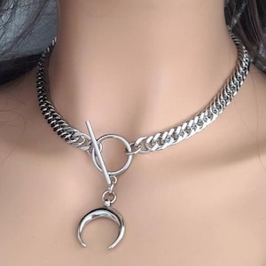 Crescent Moon Horn Witchy Steel Celestial Pendant Necklace: Gothic Pagan Toggle Choker