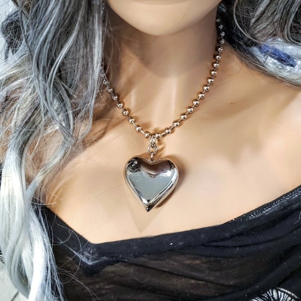 Steel Puffy Heart Choker on Chunky Ball Chain | Waterproof Non Tarnish Blob Heart | Handmade Jewelry statement gift for her, punk necklace