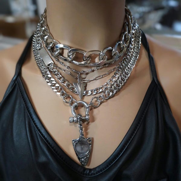 Layered Multi Strand Chunky Chain Gothic Choker Collar Necklace Set - non tarnish waterproof Handmade aesthetic jewelry gift for her