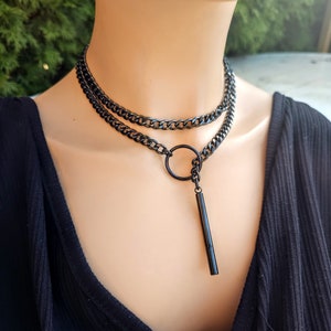 Black Steel Lariat Choker Wrap Necklace Set & Bar pendant Dark Academia Aesthetic statement handmade jewelry gift for her, Punk and Gothic image 9