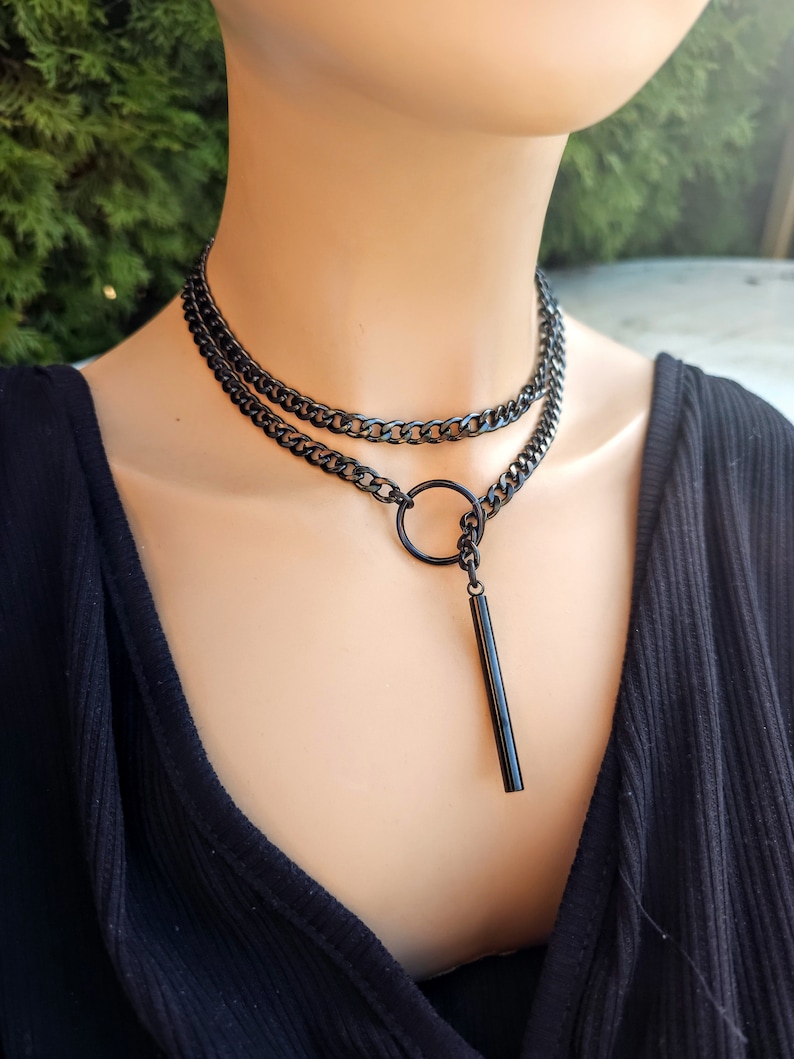 Black Steel Lariat Choker Wrap Necklace Set & Bar pendant Dark Academia Aesthetic statement handmade jewelry gift for her, Punk and Gothic image 9