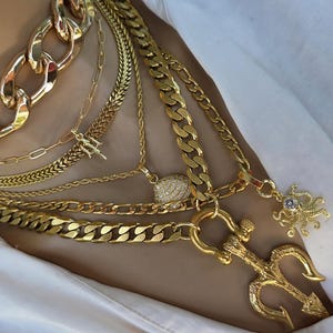Gold Tritan Ocean Theme Layered Multi Strand Chunky Chain Pendant Necklace Set - Handmade Oversized Stacked statement jewelry gift for her