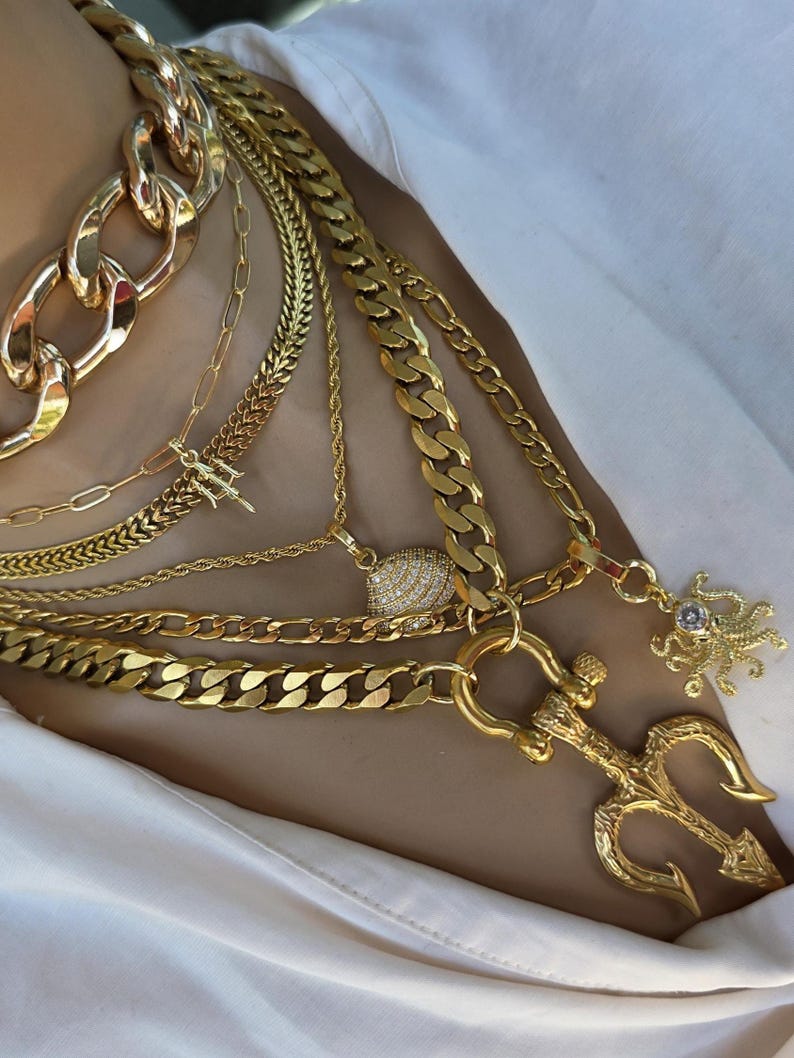 Gold Tritan Ocean Theme Layered Multi Strand Chunky Chain Pendant Necklace Set - Handmade Oversized Stacked statement jewelry gift for her