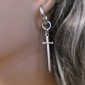 Sword Punk Funky Dangle Huggie Hoop Earings, all stainless steel, grunge punk earrings, goth jewelry