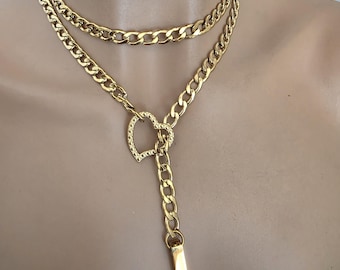 Gold Plated Steel Heart Lariat Bar Necklace, adjustable Handmade Layered Jewelry