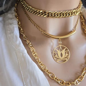 Gold Layered Multi Strand Chunky Chain Lotus Pendant Necklace Set -Handmade Edgy statement aesthetic stacked jewelry gift for her