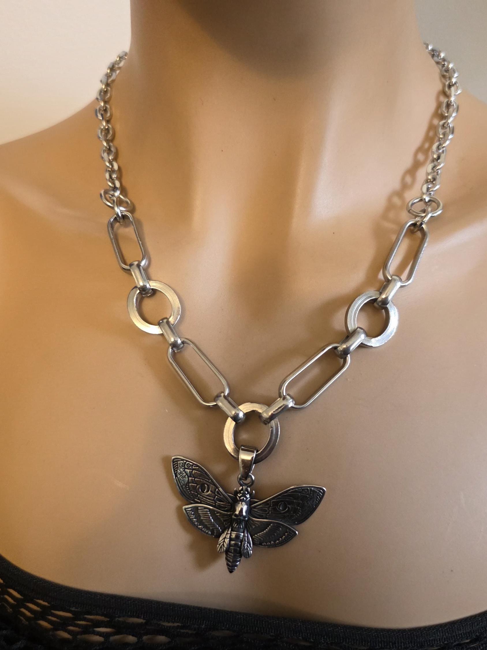 Death Moth Gothic Punk Pendant Multi Strand Choker Necklace Set 