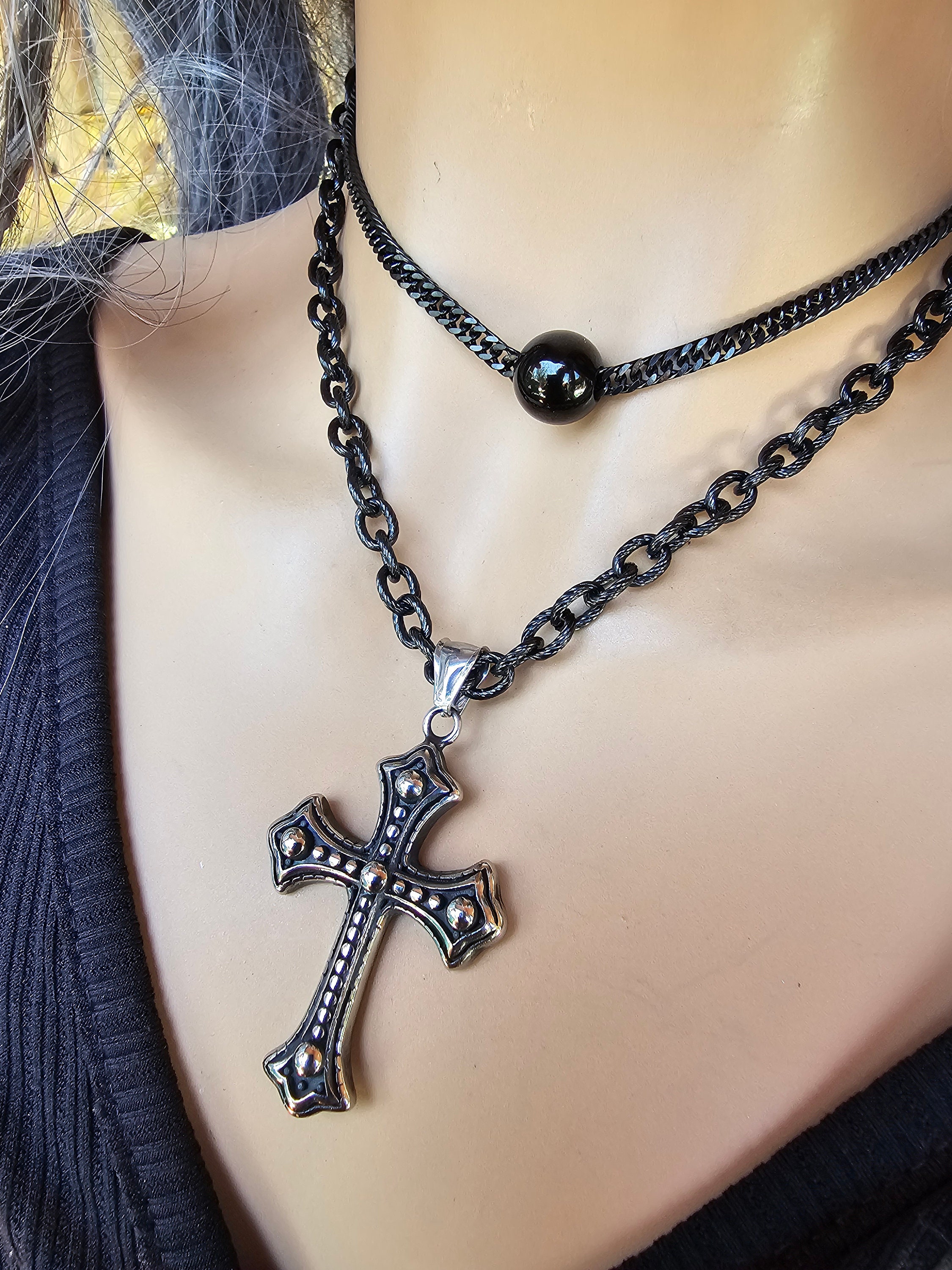 Collana Girocollo Punk Con Ciondolo Croce Nera, In Lega, Elastica, Regolabile 35+5 Cm, Per Donna E Ragazza - 2
