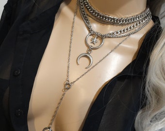 Silver Layered Horn Moon Multi Strand Chain Necklace Set | non tarnish waterproof  Handmade Jewelry gift for her, Witchy moon jewelry