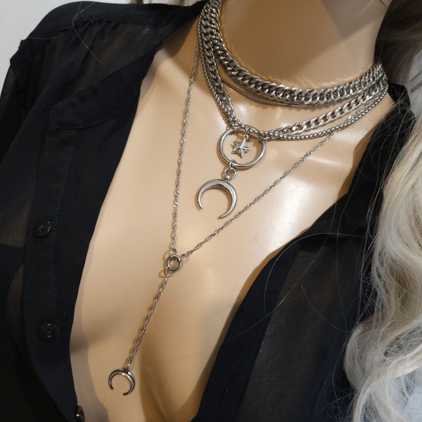 Silber geschichtetes mehrsträngiges Ketten-Halsketten-Set | nicht anlaufender, wasserfester, hypoallergener handgefertigter Schmuck, Geschenk für sie, Hexenmond-Schmuck