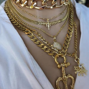 Gold Tritan Ocean Theme Layered Multi Strand Chunky Chain Pendant Necklace Set - Handmade Oversized Stacked statement jewelry gift for her