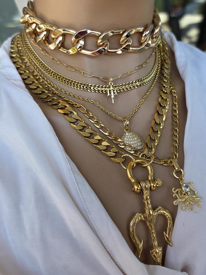 Gold Tritan Ocean Theme Layered Multi Strand Chunky Chain Pendant Necklace Set - Handmade Oversized Stacked statement jewelry gift for her