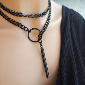 Black Steel Lariat Choker Wrap Necklace Set & Bar pendant Dark Academia Aesthetic statement handmade jewelry gift for her, Punk and Gothic image 3