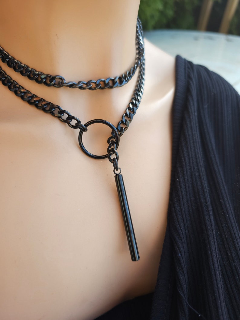 Black Steel Lariat Choker Wrap Necklace Set & Bar pendant Dark Academia Aesthetic statement handmade jewelry gift for her, Punk and Gothic image 3