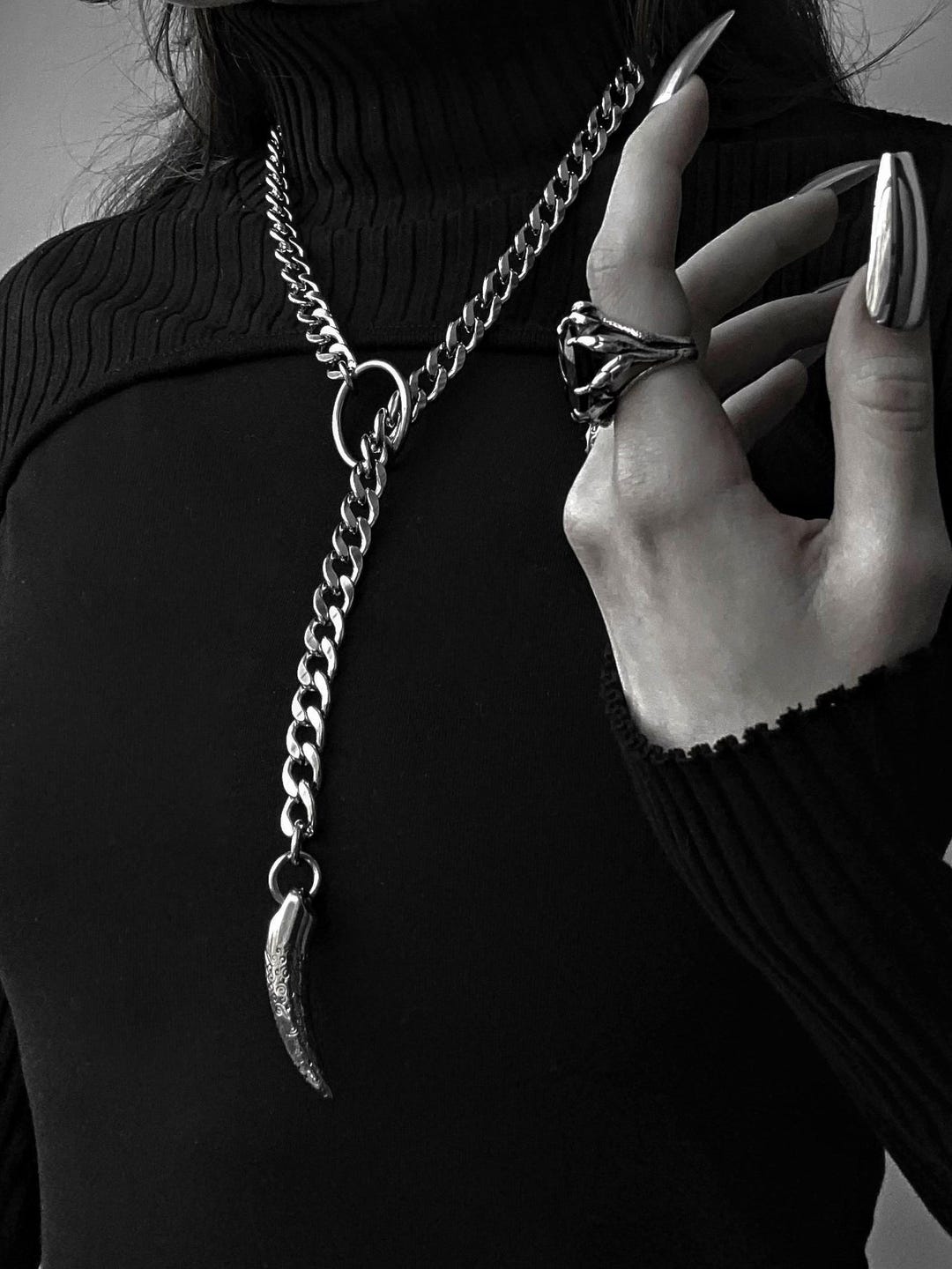 XXL Slip Chain Heavy Metal Steel Lariat Necklace with Steel Tusk Pendant - Goth Necklace, Edgy Jewelry, Edgy Necklace, Couples Jewelry