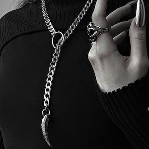 Silver Heavy Metal Steel Lariat Necklace with Steel Tusk Pendant - Goth Necklace, Edgy Jewelry, Edgy Necklace, Chunky Jewelry, Gift for Her