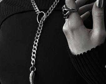 Silver Heavy Metal Steel Lariat Necklace with Steel Tusk Pendant - Goth Necklace, Edgy Jewelry, Edgy Necklace, Chunky Jewelry, Gift for Her