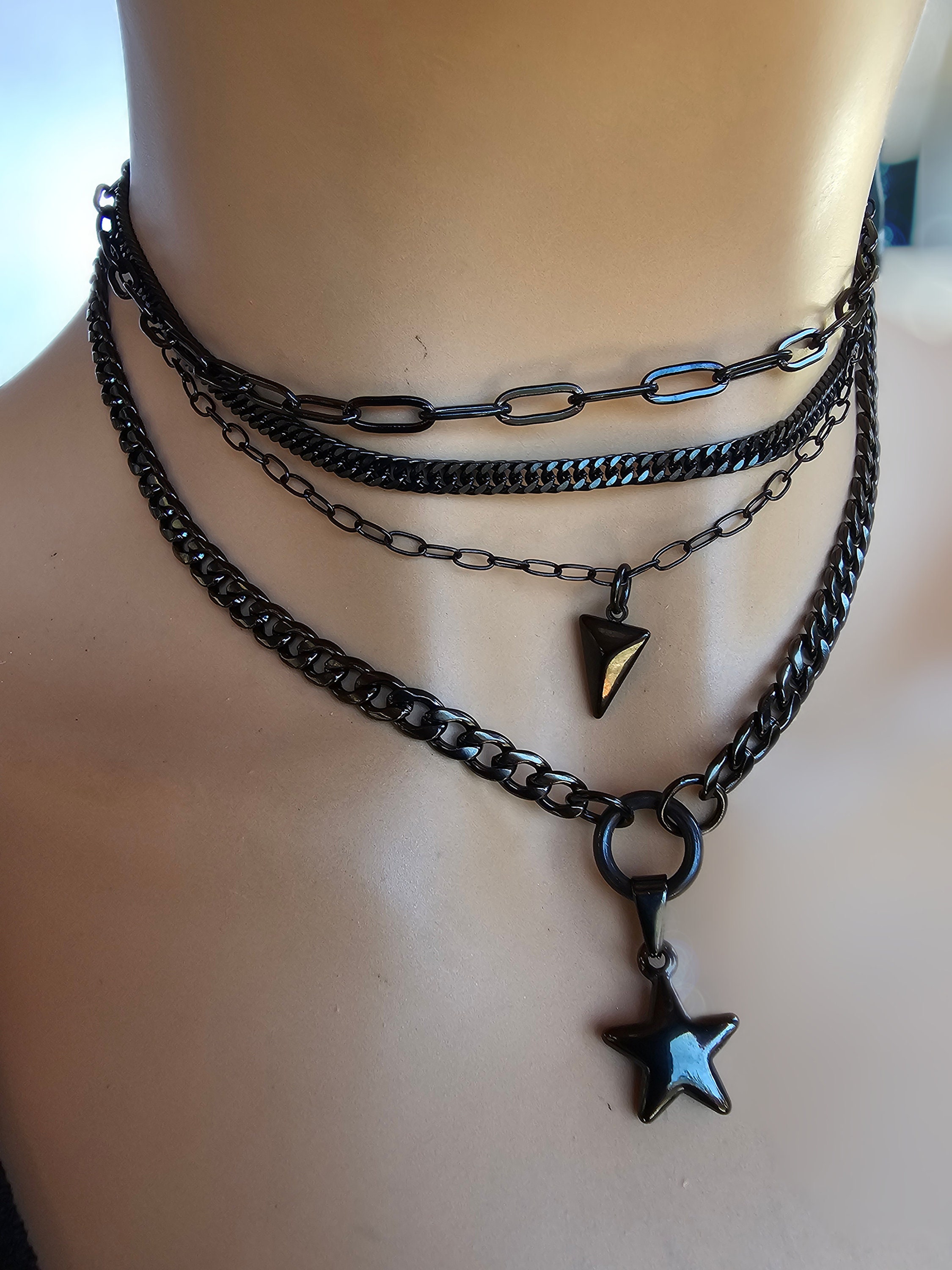 Gothic Black Cross Layered Beaded Choker Necklace - Star Charm Jewelry Gift For Women & Men - View #9