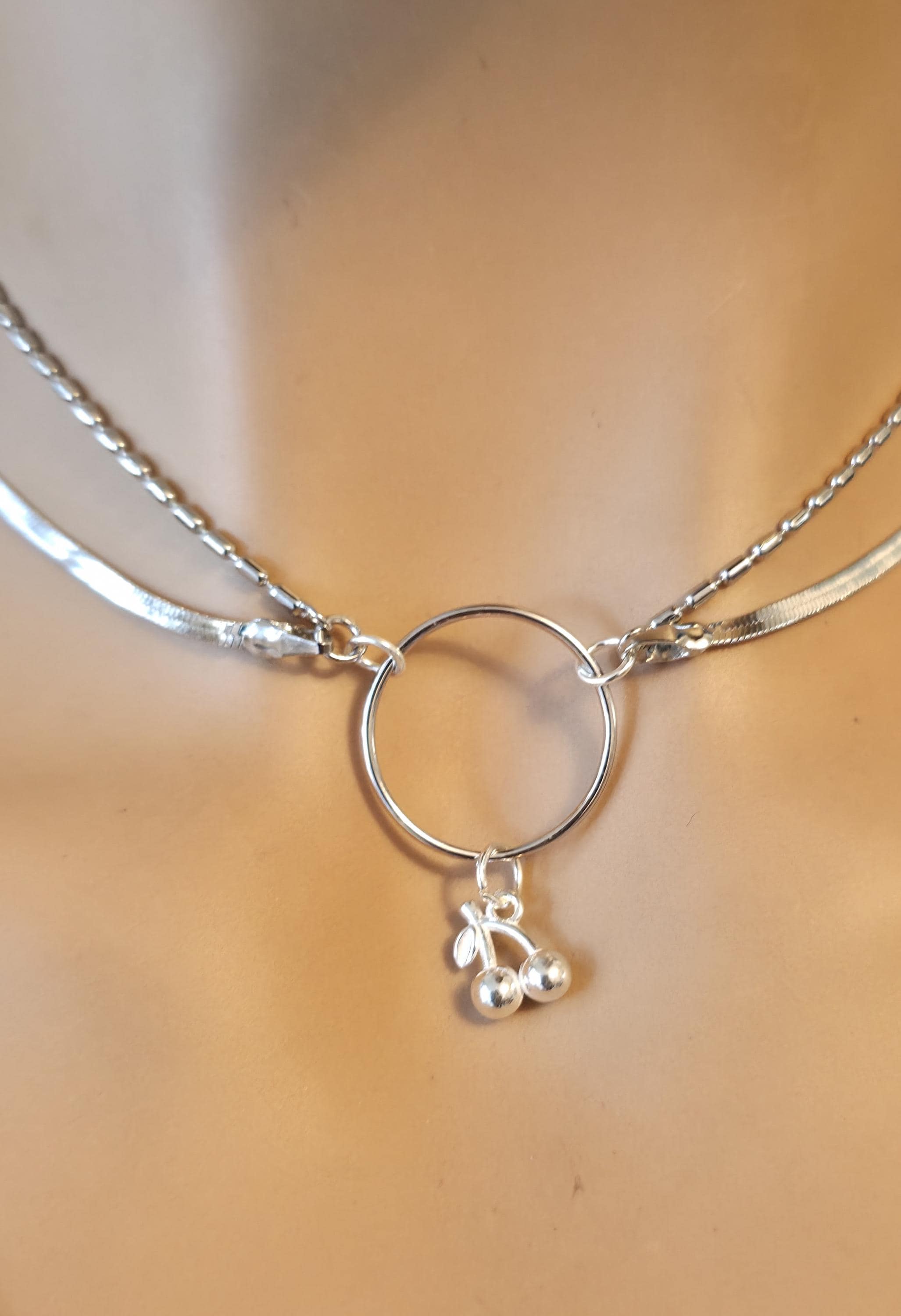 Rhodium Plated Sterling Silver Day Collar Necklace With Cherries